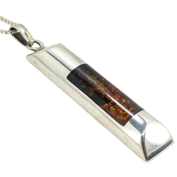 Signed JZ Sterling Silver Modernist Amber Pendant Necklace Baltic Amber Inlay - Picture 6 of 10